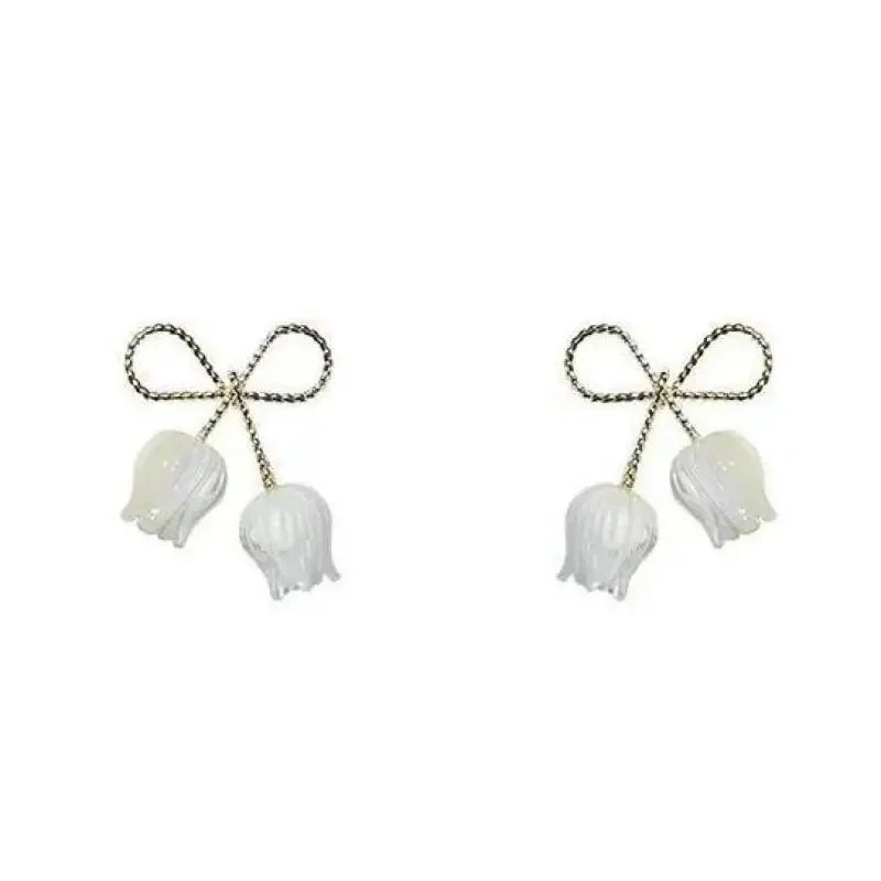 925 Silver Needle Korean Fashion Bowknot Tulip Earrings For Women Jewelry 2024 Trending New Women's White Flower Earrings Brinco - Image 5