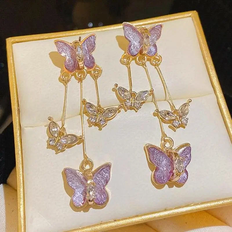 925 Silver Needle Purple Butterfly Long Tassel Earrings For Women Jewelry 2024 Trending Korean Fashion Luxury Crystal Earrings - Image 2