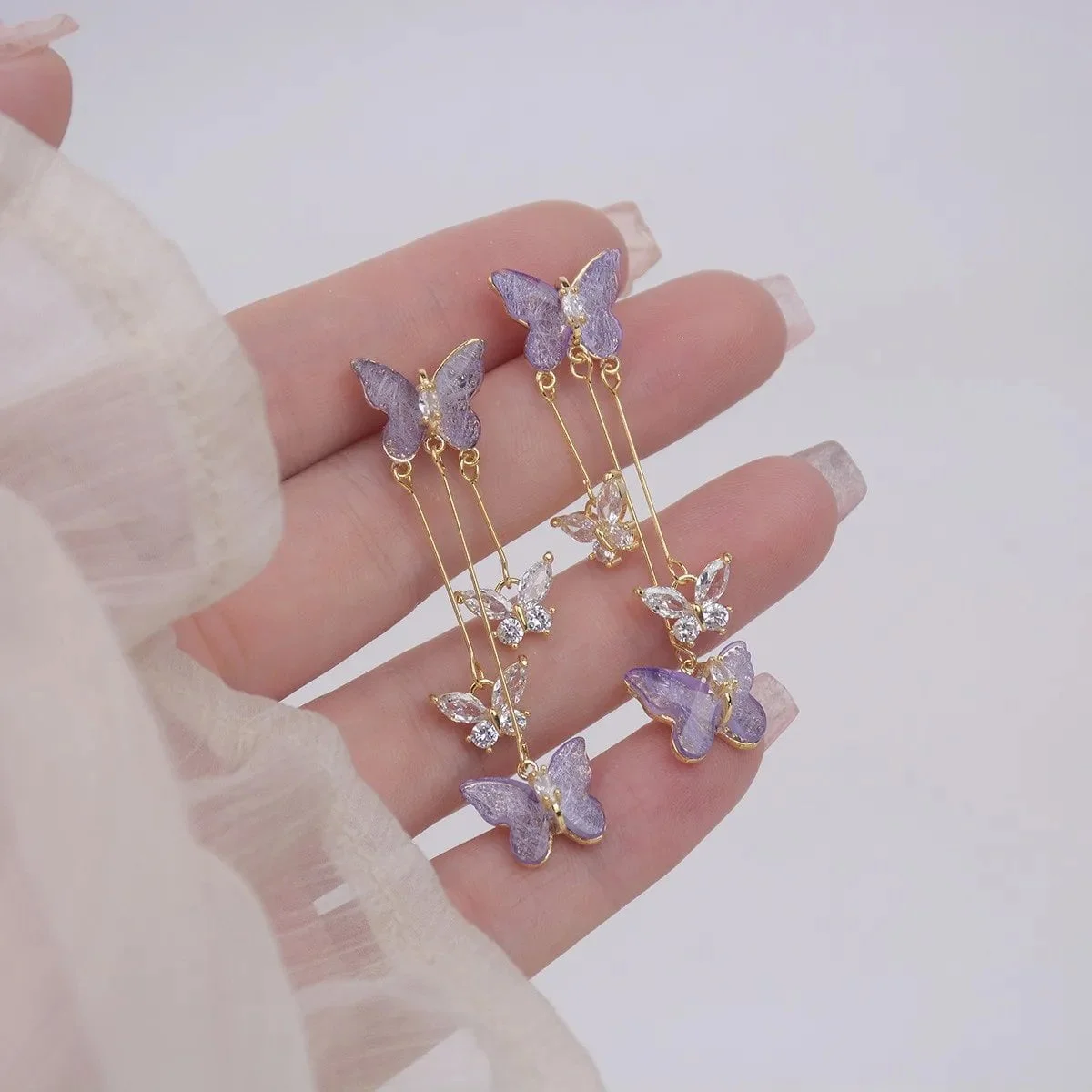 925 Silver Needle Purple Butterfly Long Tassel Earrings For Women Jewelry 2024 Trending Korean Fashion Luxury Crystal Earrings - Image 5