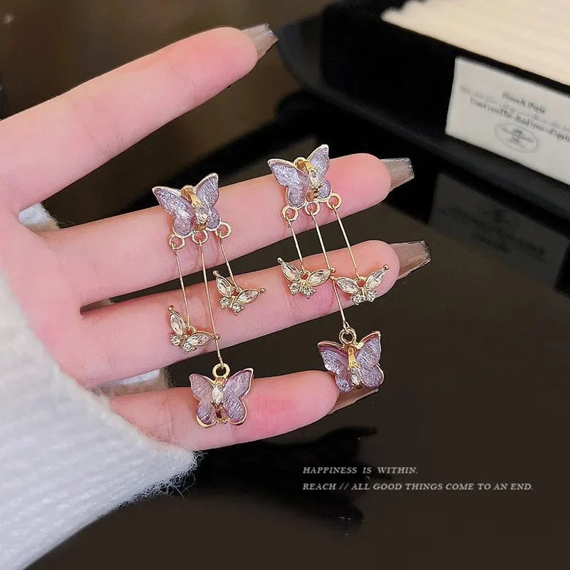 925 Silver Needle Purple Butterfly Long Tassel Earrings For Women Jewelry 2024 Trending Korean Fashion Luxury Crystal Earrings - Image 4