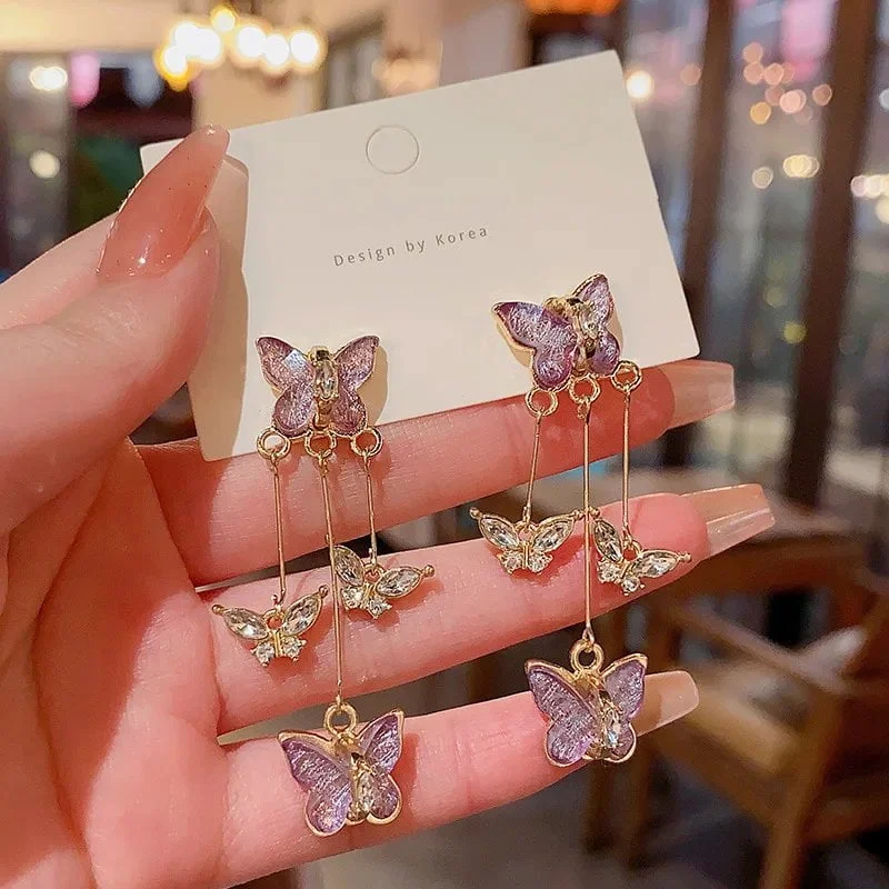 925 Silver Needle Purple Butterfly Long Tassel Earrings For Women Jewelry 2024 Trending Korean Fashion Luxury Crystal Earrings - Image 3
