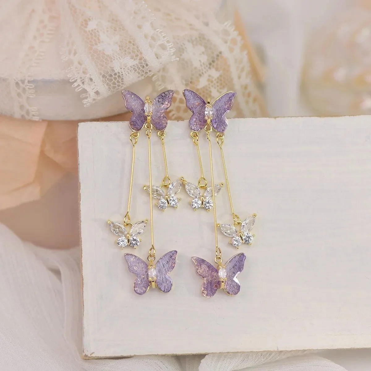 925 Silver Needle Purple Butterfly Long Tassel Earrings For Women Jewelry 2024 Trending Korean Fashion Luxury Crystal Earrings - Image 6