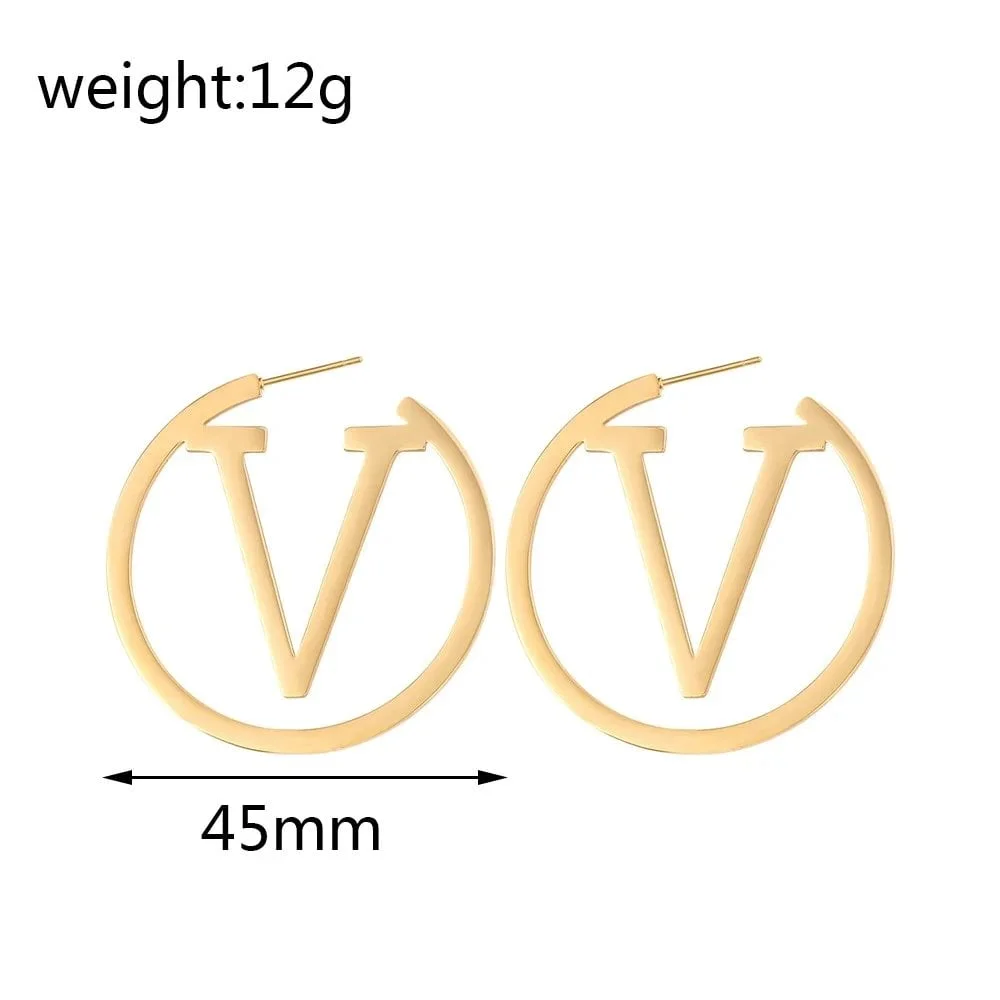 2024 New Trends V Letter Hoop Earrings For Women Stainless Steel Earrings Punk Round Ear Jewelry Gift - Image 6
