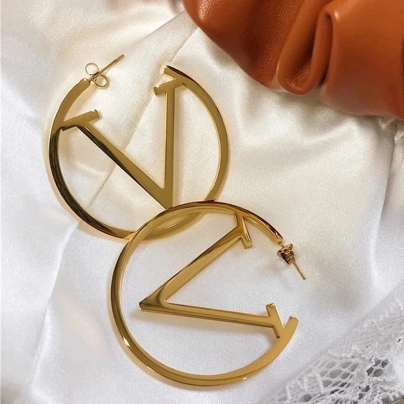 2024 New Trends V Letter Hoop Earrings For Women Stainless Steel Earrings Punk Round Ear Jewelry Gift - Image 2
