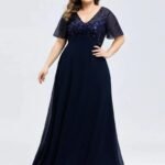 Plus Size Evening Dresses A-line Short Sleeve V-Neck Floral Lace Sequin Print 2024 Ever Pretty of Chiffon Elegant Prom Gown