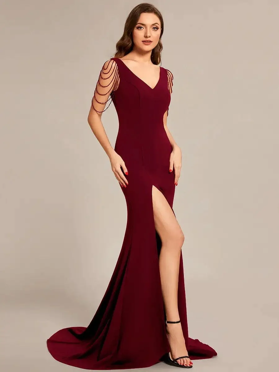 Elegant Evening Dresses Maxi Long Deep V Neck Sleeveless Beaded Beadwork 2024 Ever Pretty of Burgundy Shiny Bridesmaid Dress - Image 4
