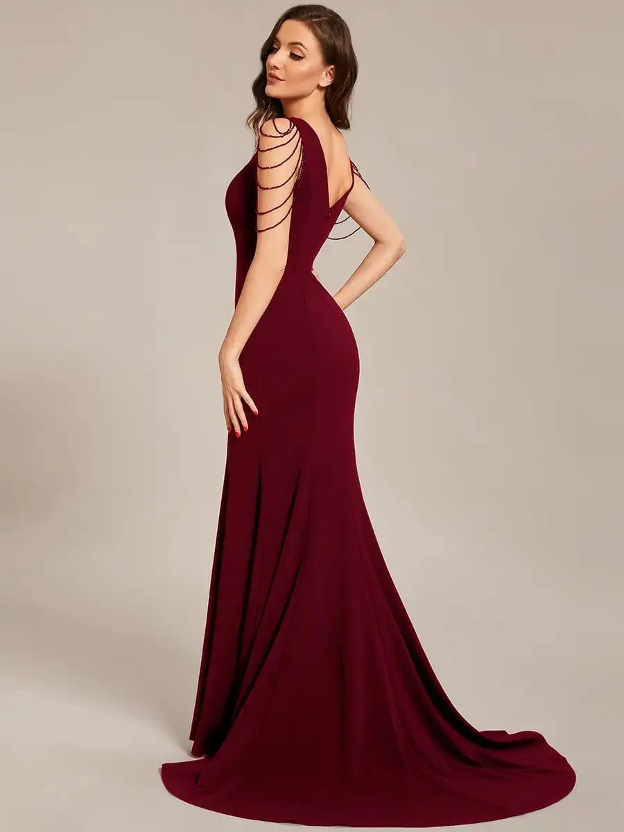Elegant Evening Dresses Maxi Long Deep V Neck Sleeveless Beaded Beadwork 2024 Ever Pretty of Burgundy Shiny Bridesmaid Dress - Image 2