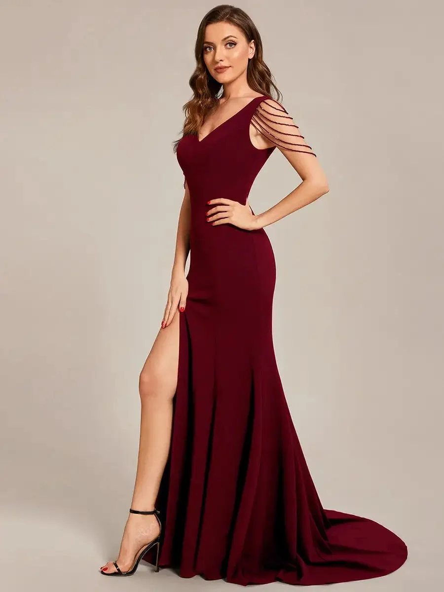 Elegant Evening Dresses Maxi Long Deep V Neck Sleeveless Beaded Beadwork 2024 Ever Pretty of Burgundy Shiny Bridesmaid Dress - Image 3