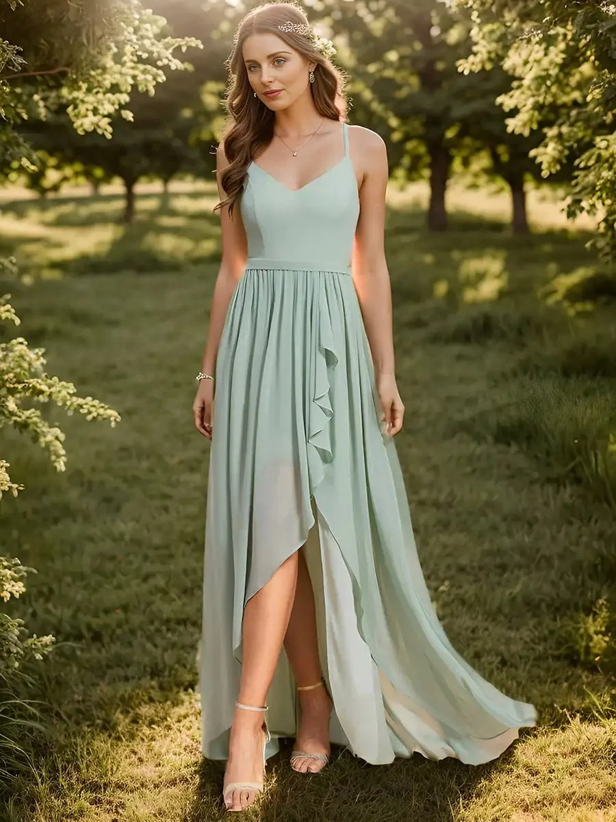 Elegant Evening Dress Spaghetti Straps Slit With Ruffle Detail Ever Pretty 2024 of Chiffon A-Line Mint Green Bridesmaid Dress