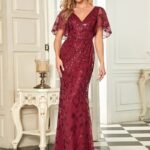 Elegant Evening Women's Dresses Long V-neck Mermaid Short Sleeve Gown 2024 Ever Pretty of Gauze Simple Bridesmaid Women Dress
