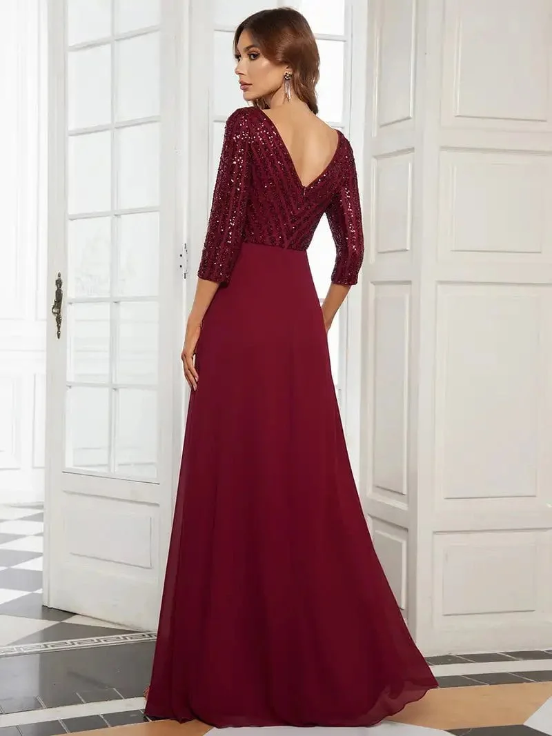 Elegant Evening Dresses Long V Neck A-Line Floor-Length Gown 2024 Ever Pretty of Contrast Sequin Chiffon Simple Prom Women Dress - Image 2