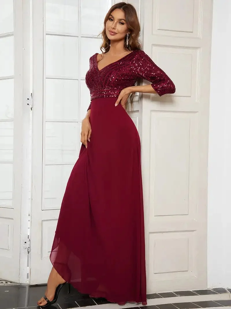 Elegant Evening Dresses Long V Neck A-Line Floor-Length Gown 2024 Ever Pretty of Contrast Sequin Chiffon Simple Prom Women Dress - Image 3