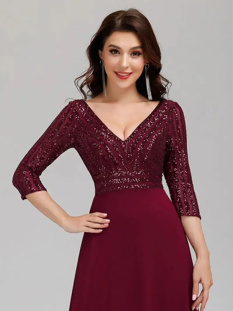 Elegant Evening Dresses Long V Neck A-Line Floor-Length Gown 2024 Ever Pretty of Contrast Sequin Chiffon Simple Prom Women Dress - Image 5
