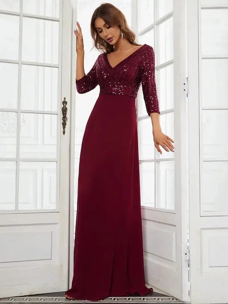 Elegant Evening Dresses Long V Neck A-Line Floor-Length Gown 2024 Ever Pretty of Contrast Sequin Chiffon Simple Prom Women Dress - Image 4