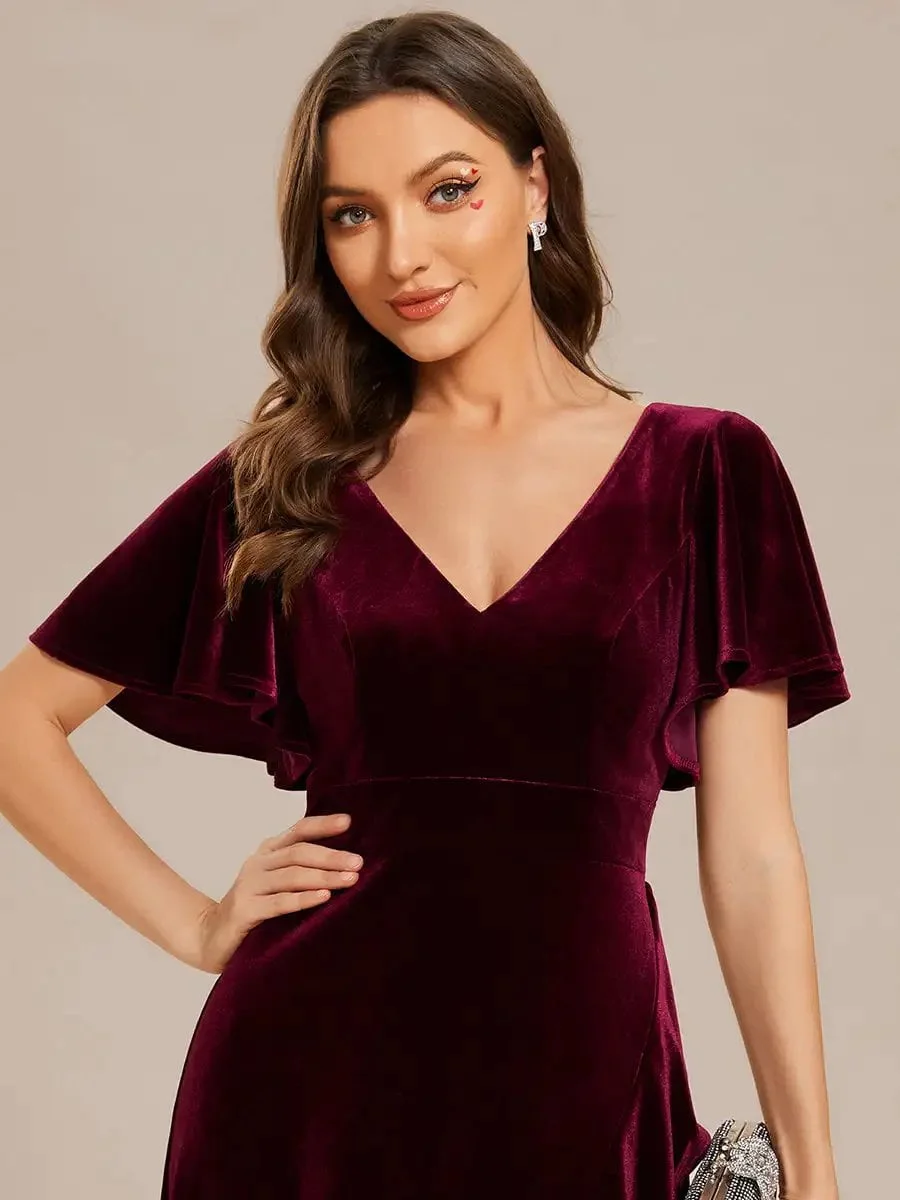 Elegant Evening Dress Lotus Leaf Ruffles High-low V Neck with Short Sleeves 2024 Ever pretty of Taffeat Burgundy Bridesmaid Dres - Image 5