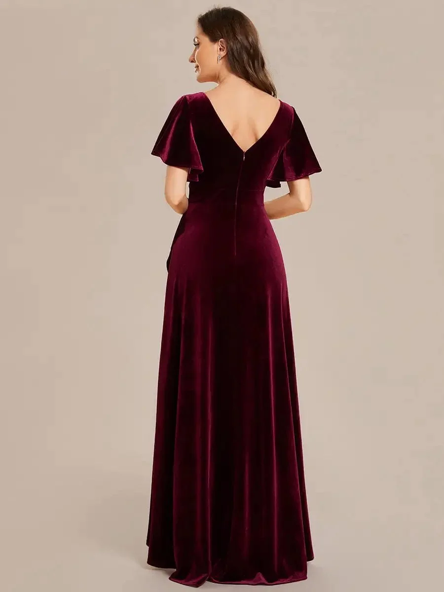 Elegant Evening Dress Lotus Leaf Ruffles High-low V Neck with Short Sleeves 2024 Ever pretty of Taffeat Burgundy Bridesmaid Dres - Image 2