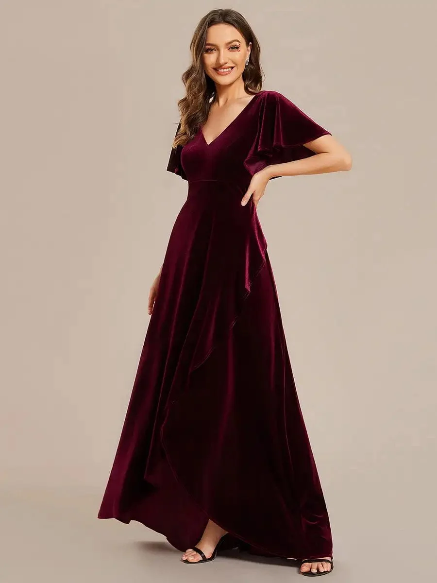 Elegant Evening Dress Lotus Leaf Ruffles High-low V Neck with Short Sleeves 2024 Ever pretty of Taffeat Burgundy Bridesmaid Dres - Image 4
