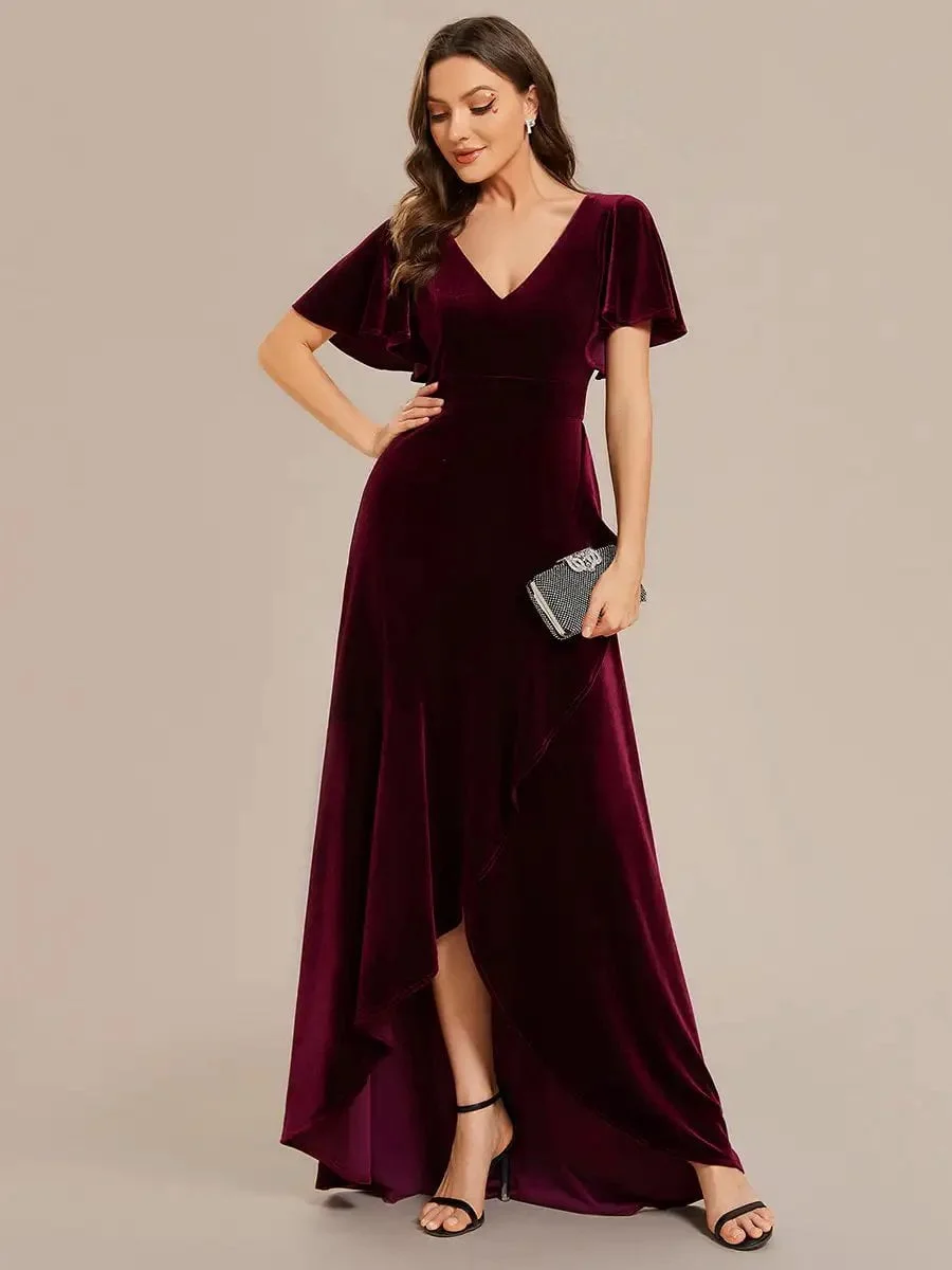 Elegant Evening Dress Lotus Leaf Ruffles High-low V Neck with Short Sleeves 2024 Ever pretty of Taffeat Burgundy Bridesmaid Dres - Image 3