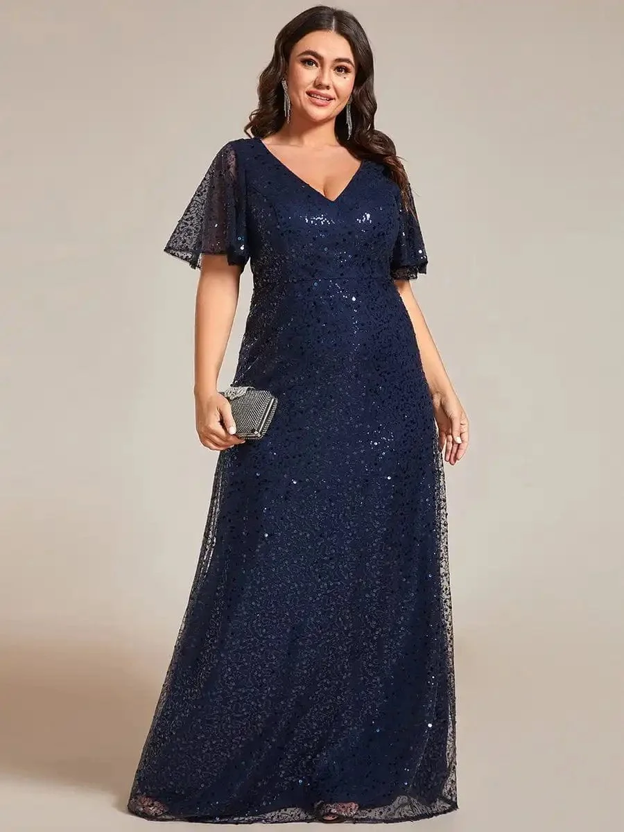 Plus Size Evening Dresses See-Through Short Sleeves Maxi Formal 2024 Ever Pretty of Navy Blue Sequin Bridesmaid dress - Image 4