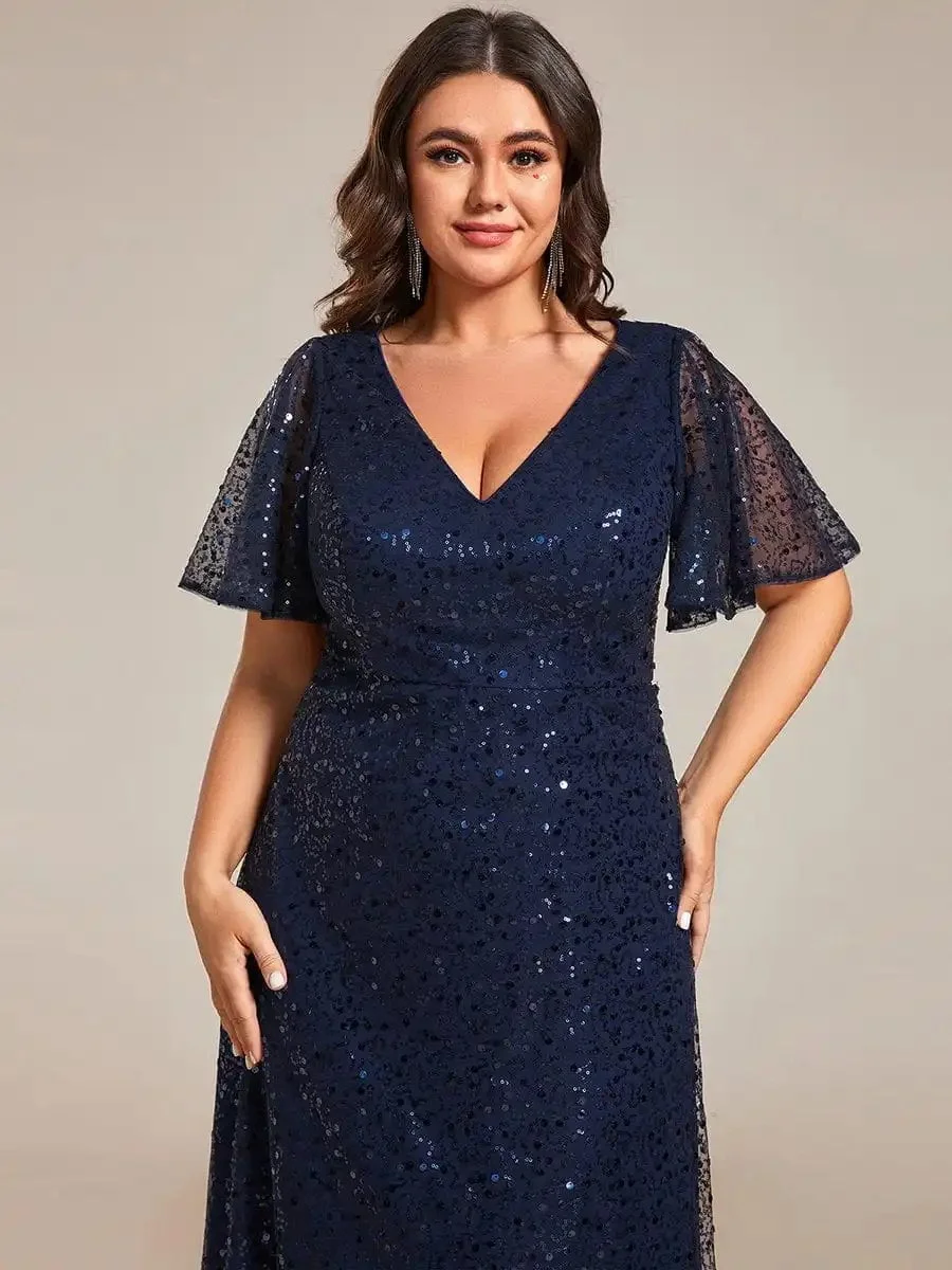 Plus Size Evening Dresses See-Through Short Sleeves Maxi Formal 2024 Ever Pretty of Navy Blue Sequin Bridesmaid dress - Image 3