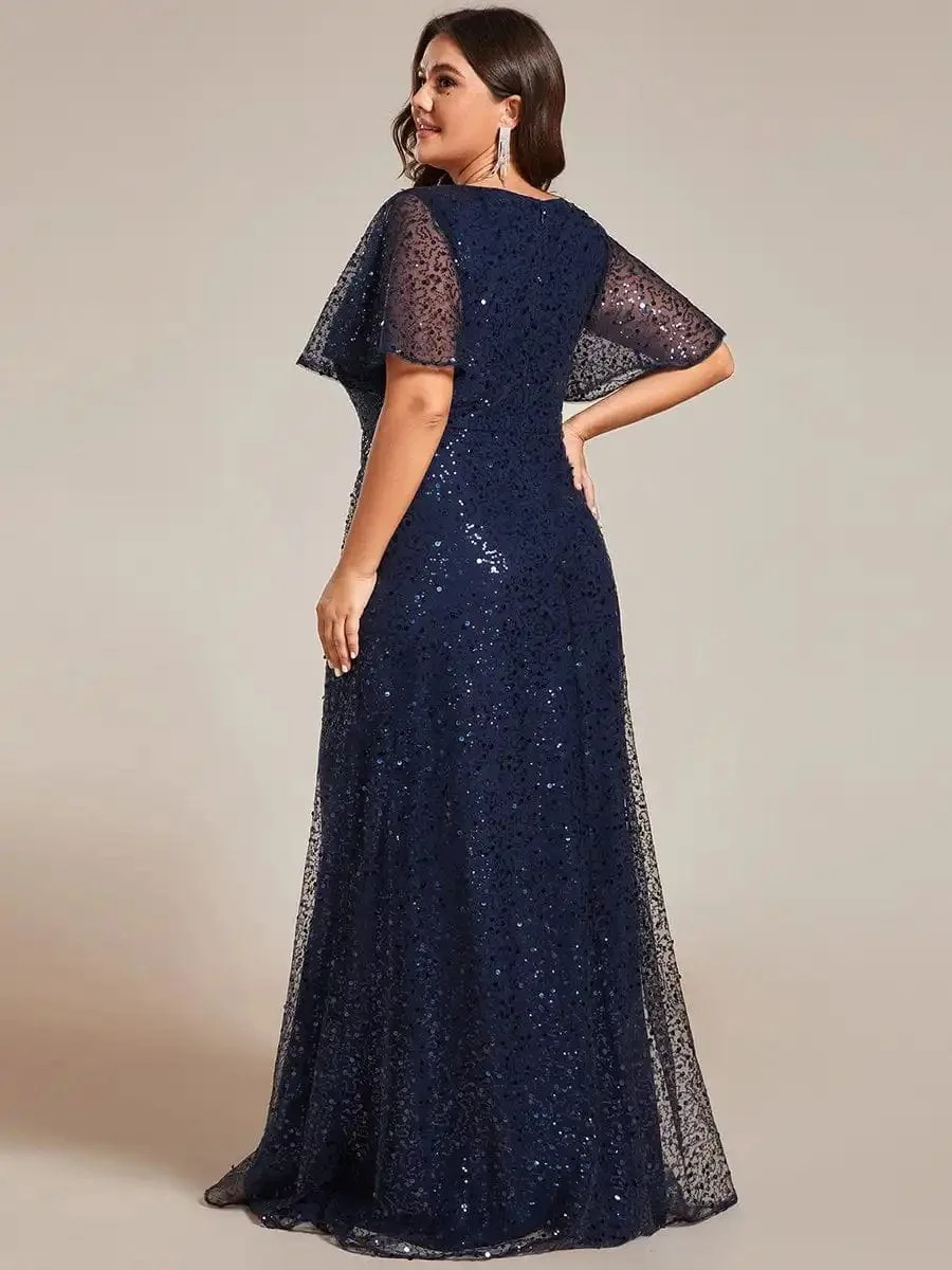 Plus Size Evening Dresses See-Through Short Sleeves Maxi Formal 2024 Ever Pretty of Navy Blue Sequin Bridesmaid dress - Image 2