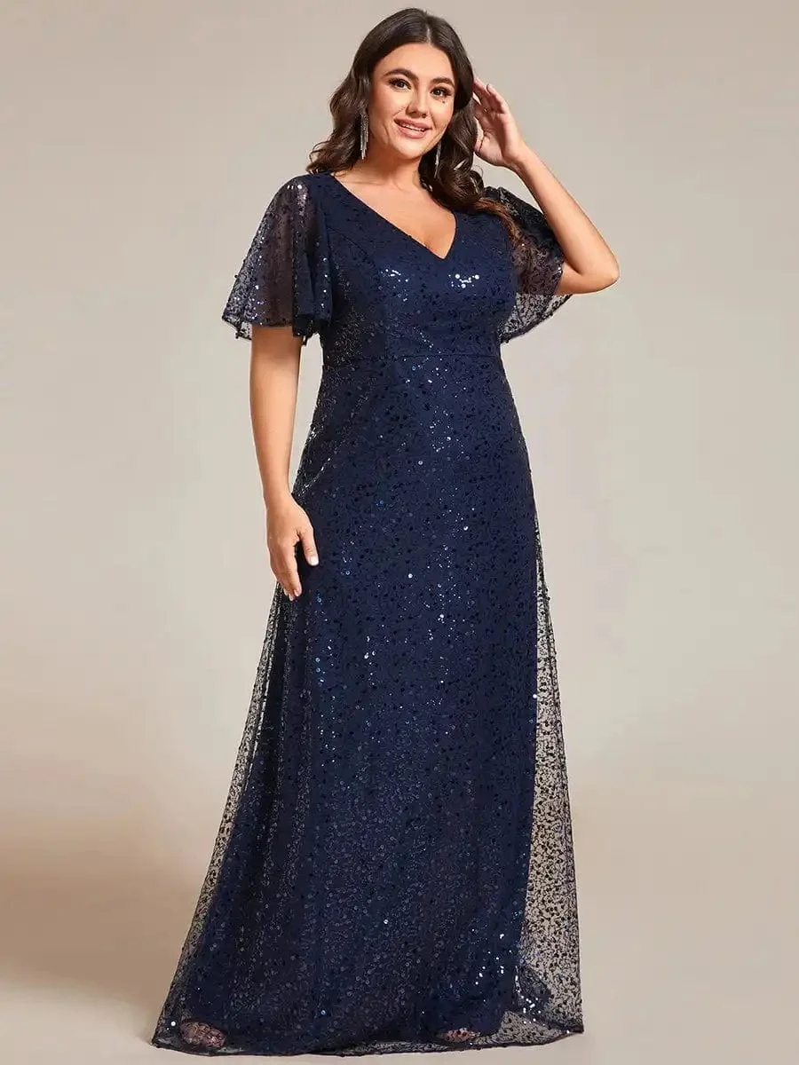Plus Size Evening Dresses See-Through Short Sleeves Maxi Formal 2024 Ever Pretty of Navy Blue Sequin Bridesmaid dress