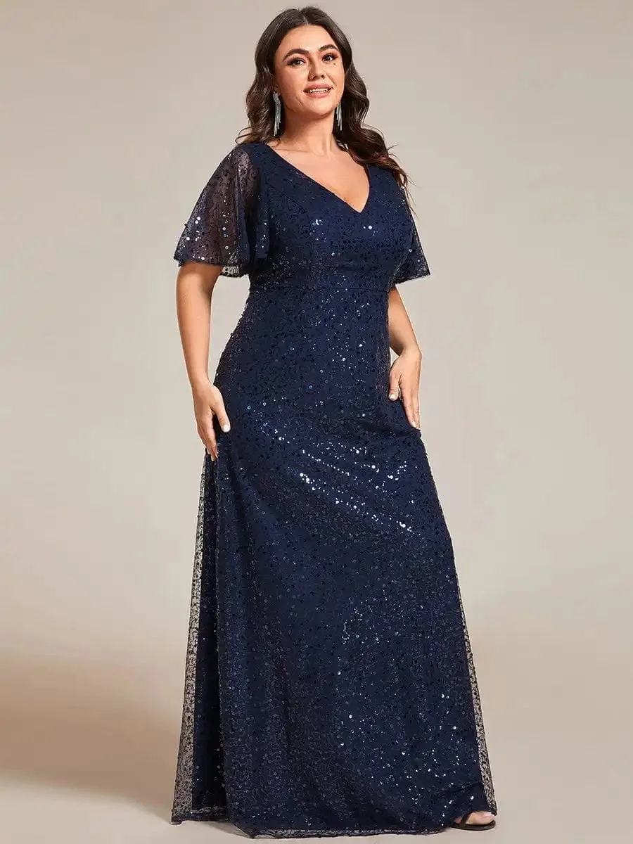 Plus Size Evening Dresses See-Through Short Sleeves Maxi Formal 2024 Ever Pretty of Navy Blue Sequin Bridesmaid dress - Image 5