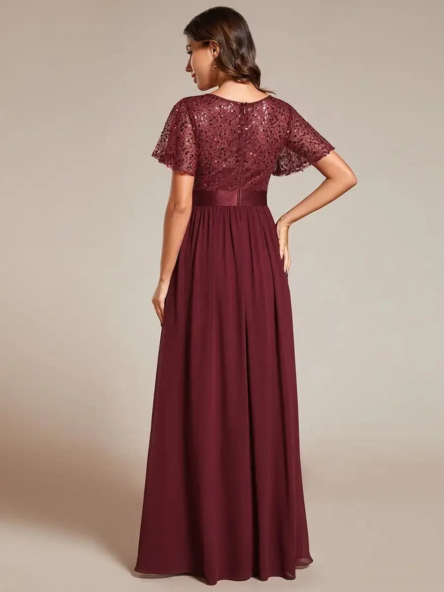 Elegant Evening Dresses Round-Neck Sequin High Waist Short-Sleeved Formal 2024 Ever Pretty of Burgundy Bridesmaid dress - Image 2