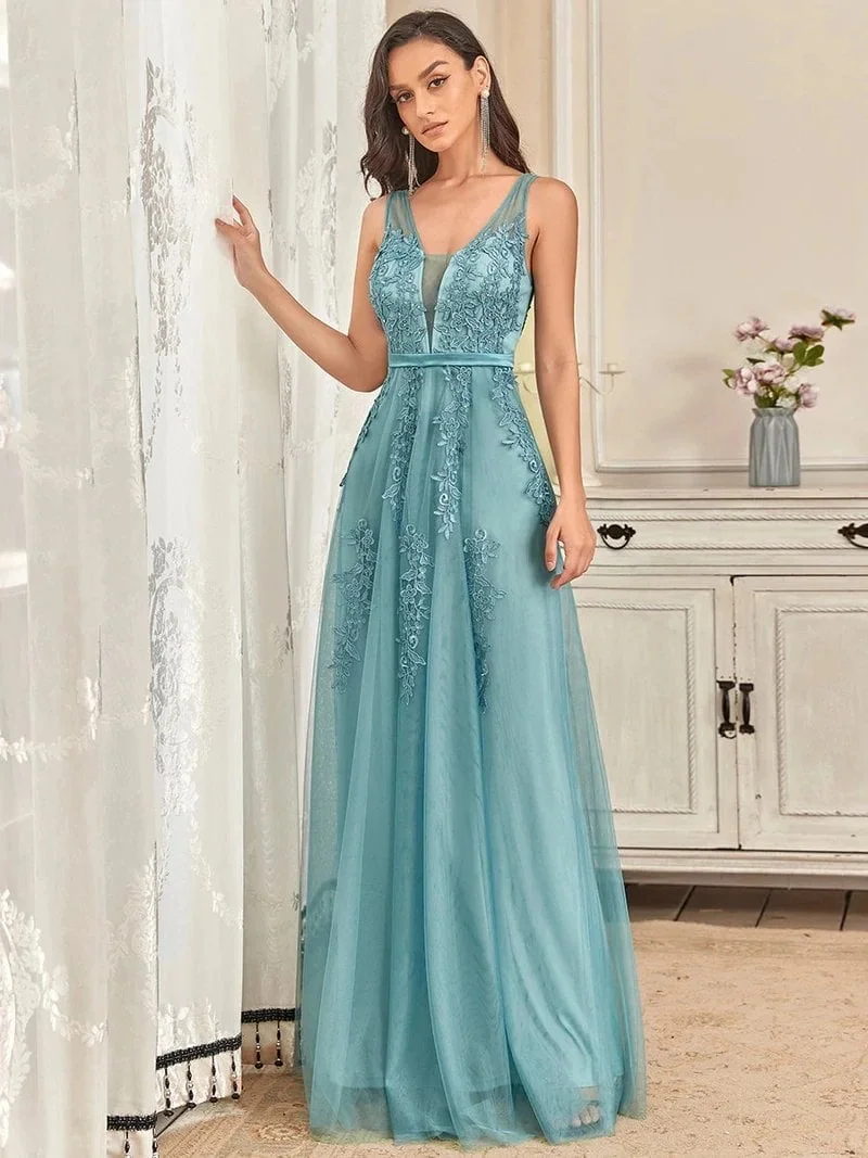 Elegant Evening Dresses Long Lace Beading Vneck Sleeveless 2024 Ever Pretty of Dusty Blue Simple Backless Prom Dresses Women - Image 2