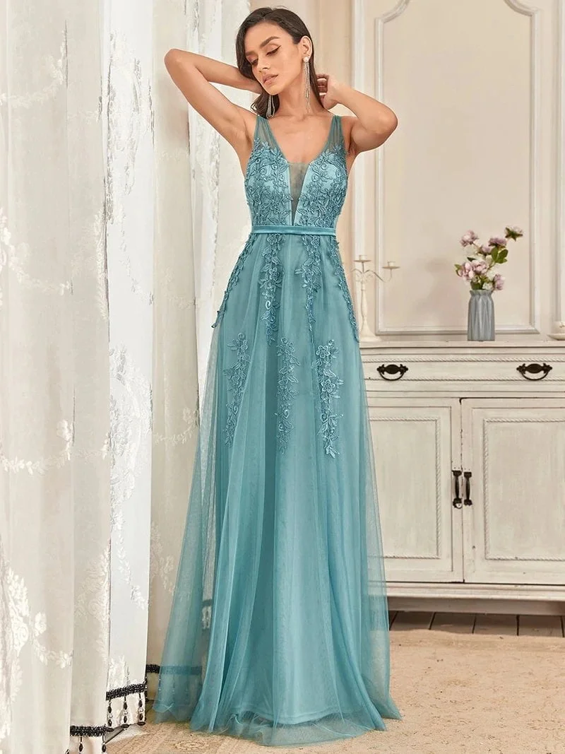 Elegant Evening Dresses Long Lace Beading Vneck Sleeveless 2024 Ever Pretty of Dusty Blue Simple Backless Prom Dresses Women - Image 3