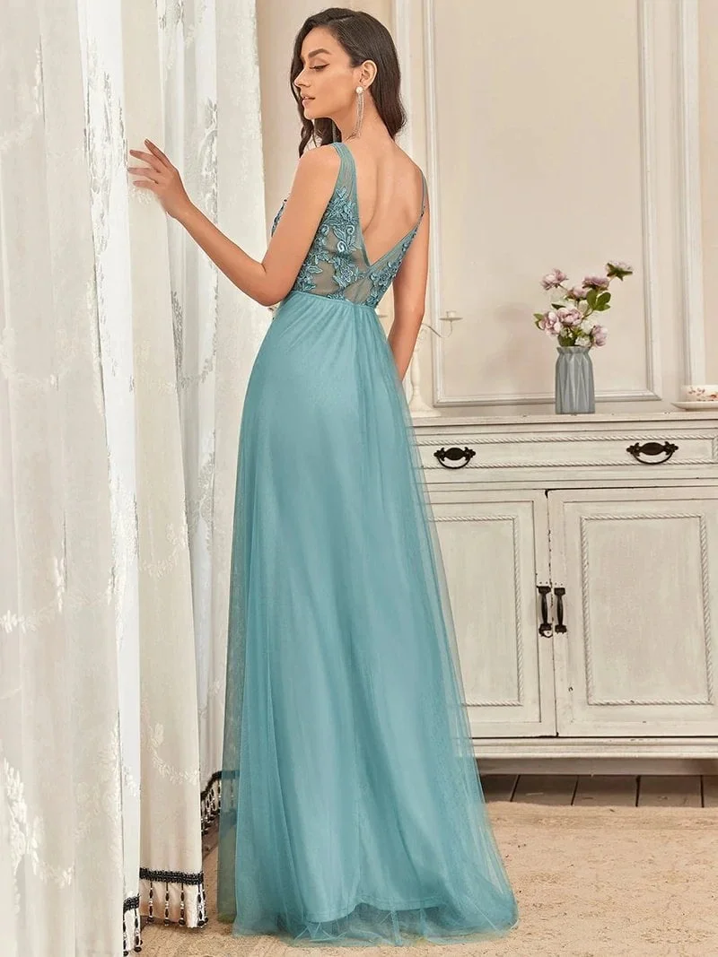 Elegant Evening Dresses Long Lace Beading Vneck Sleeveless 2024 Ever Pretty of Dusty Blue Simple Backless Prom Dresses Women - Image 4