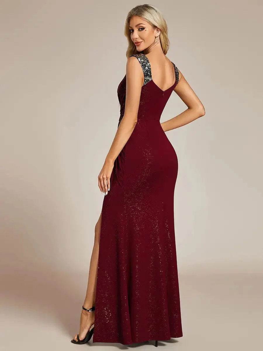 Elegant Evening Glitter Deep V-Neck High Slit Sequin Shoulder Strap 2024 Ever Pretty of Shiny Burgundy Bridesmaid dress - Image 2