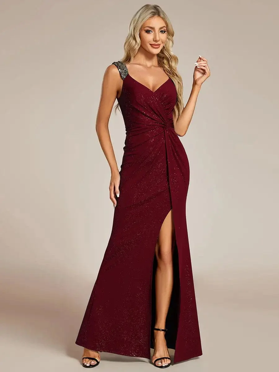 Elegant Evening Glitter Deep V-Neck High Slit Sequin Shoulder Strap 2024 Ever Pretty of Shiny Burgundy Bridesmaid dress - Image 3