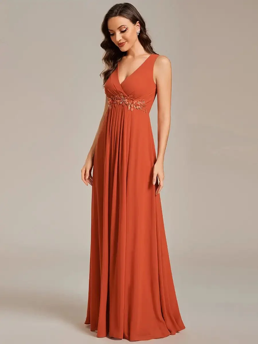 Elegant Evening Dresses V Neck Appliques Ruched Sleeveless Appliques 2024 Ever pretty of A-Line  Burnt Orange Bridesmaid dress - Image 4