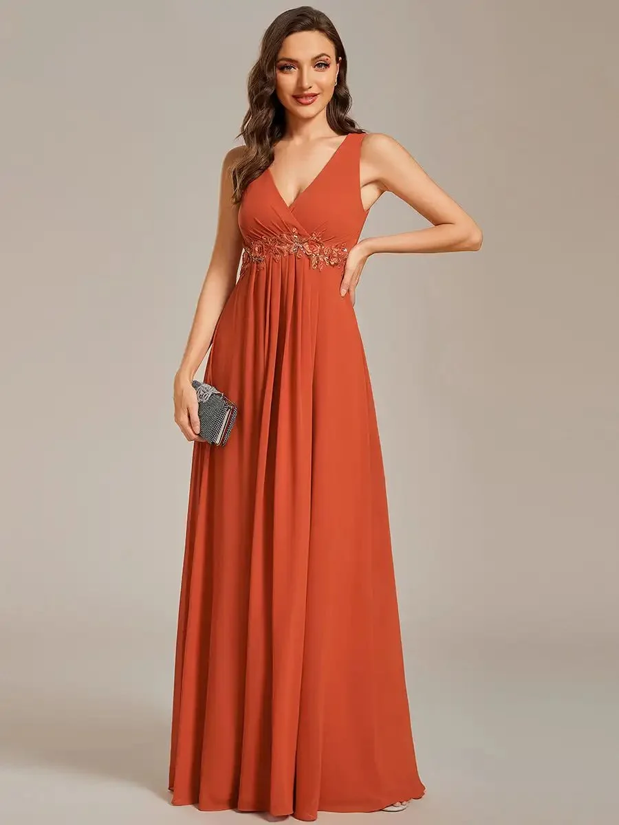 Elegant Evening Dresses V Neck Appliques Ruched Sleeveless Appliques 2024 Ever pretty of A-Line  Burnt Orange Bridesmaid dress