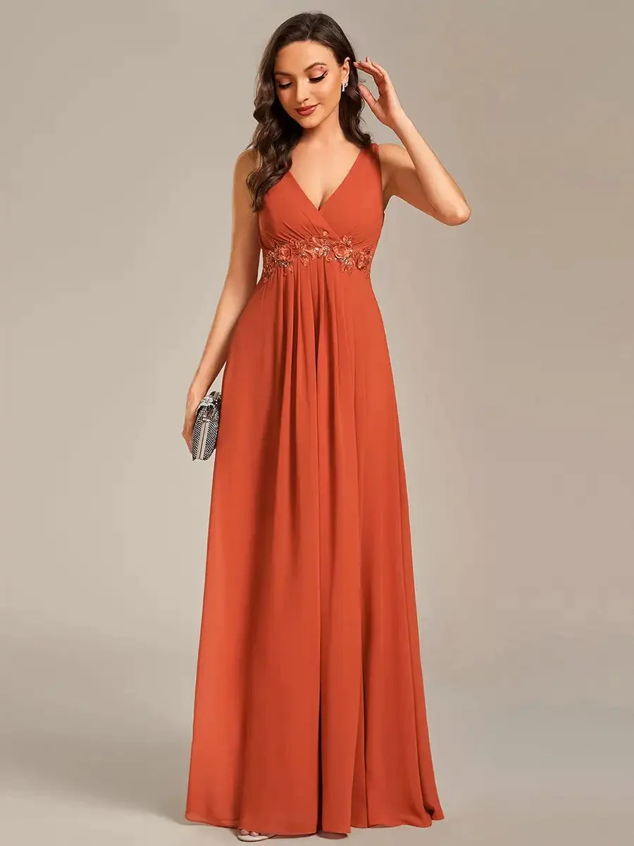 Elegant Evening Dresses V Neck Appliques Ruched Sleeveless Appliques 2024 Ever pretty of A-Line  Burnt Orange Bridesmaid dress - Image 3