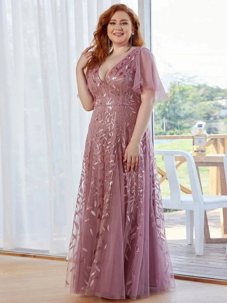 Plus Size Evening Dresses Romantic Shimmery Deep V-Neck Ruffle Sleeves Ever Pretty 2024 of Sequin Gauze Classic Maxi Long - Image 4