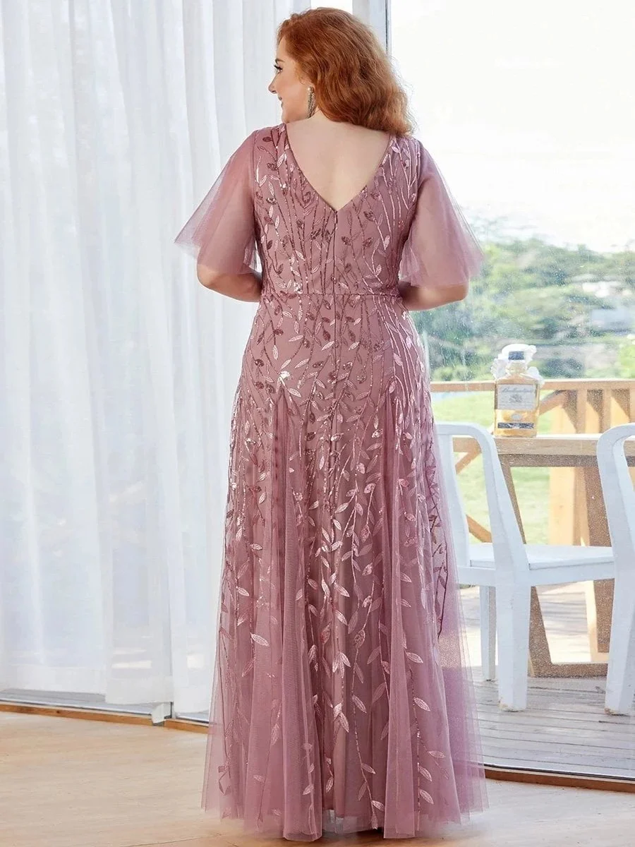 Plus Size Evening Dresses Romantic Shimmery Deep V-Neck Ruffle Sleeves Ever Pretty 2024 of Sequin Gauze Classic Maxi Long - Image 2