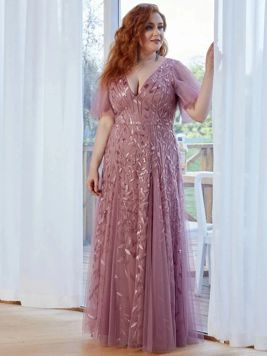 Plus Size Evening Dresses Romantic Shimmery Deep V-Neck Ruffle Sleeves Ever Pretty 2024 of Sequin Gauze Classic Maxi Long - Image 3