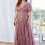 Plus Size Evening Dresses Romantic Shimmery Deep V-Neck Ruffle Sleeves Ever Pretty 2024 of Sequin Gauze Classic Maxi Long
