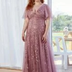 Plus Size Evening Dresses Romantic Shimmery Deep V-Neck Ruffle Sleeves Ever Pretty 2024 of Sequin Gauze Classic Maxi Long