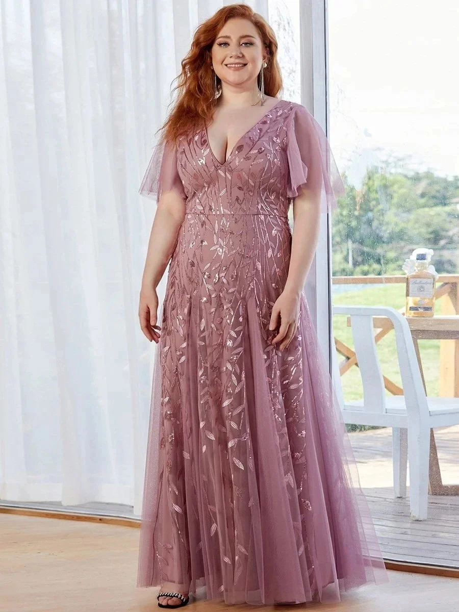 Plus Size Evening Dresses Romantic Shimmery Deep V-Neck Ruffle Sleeves Ever Pretty 2024 of Sequin Gauze Classic Maxi Long