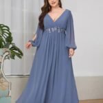 Plus size Evening Dresses V-Neck Long Sleeves A-LINE Floor-Length Gown 2024 ever pretty of Dusty Navy Bridesmaid dress Women
