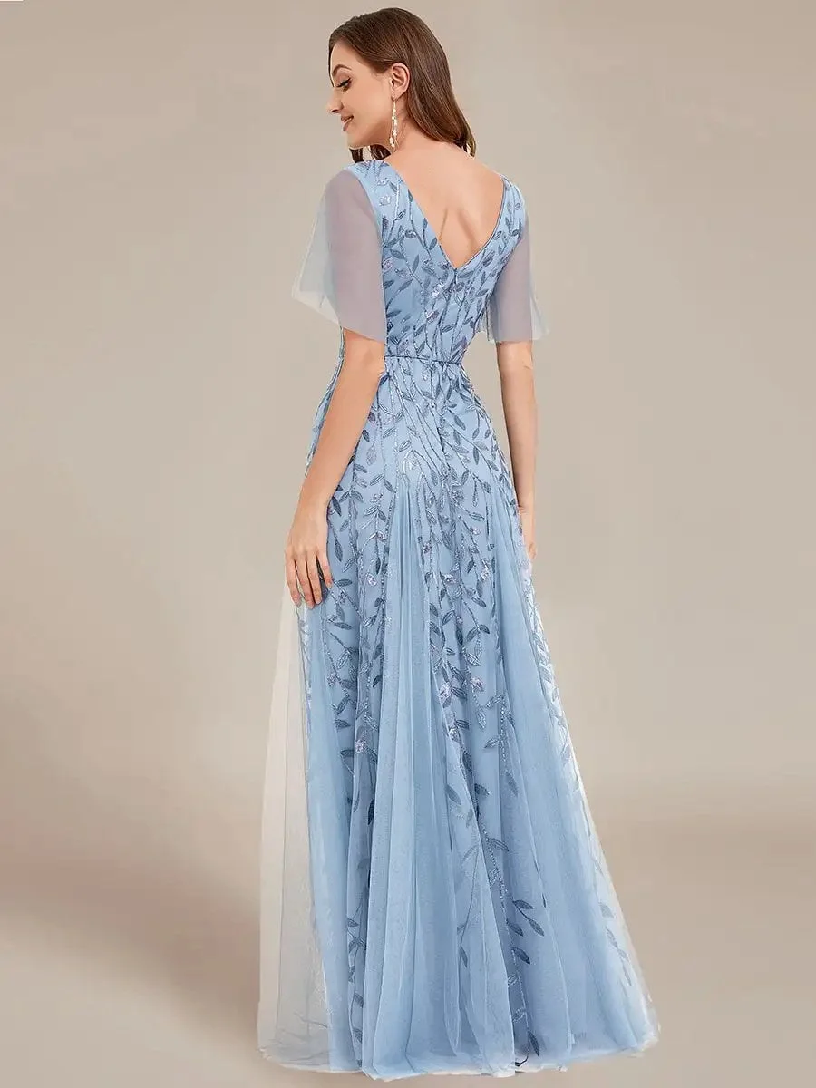 Elegant Evening Dress Deep V-Neck Ruffle Sleeves With Short Sleeves Ever Pretty of 2024 Sky Blue Gauze Sequin Bridesmaid dress - Image 2