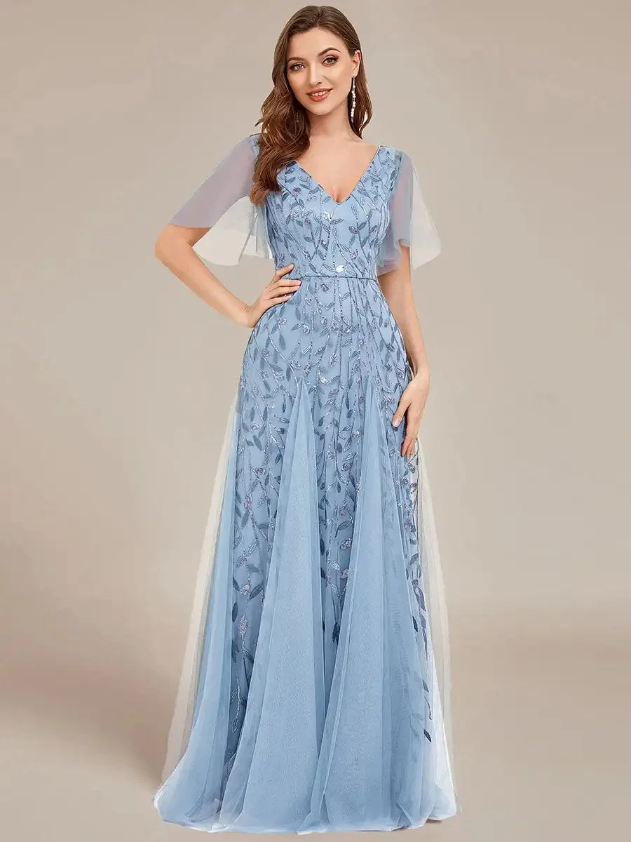 Elegant Evening Dress Deep V-Neck Ruffle Sleeves With Short Sleeves Ever Pretty of 2024 Sky Blue Gauze Sequin Bridesmaid dress - Image 4