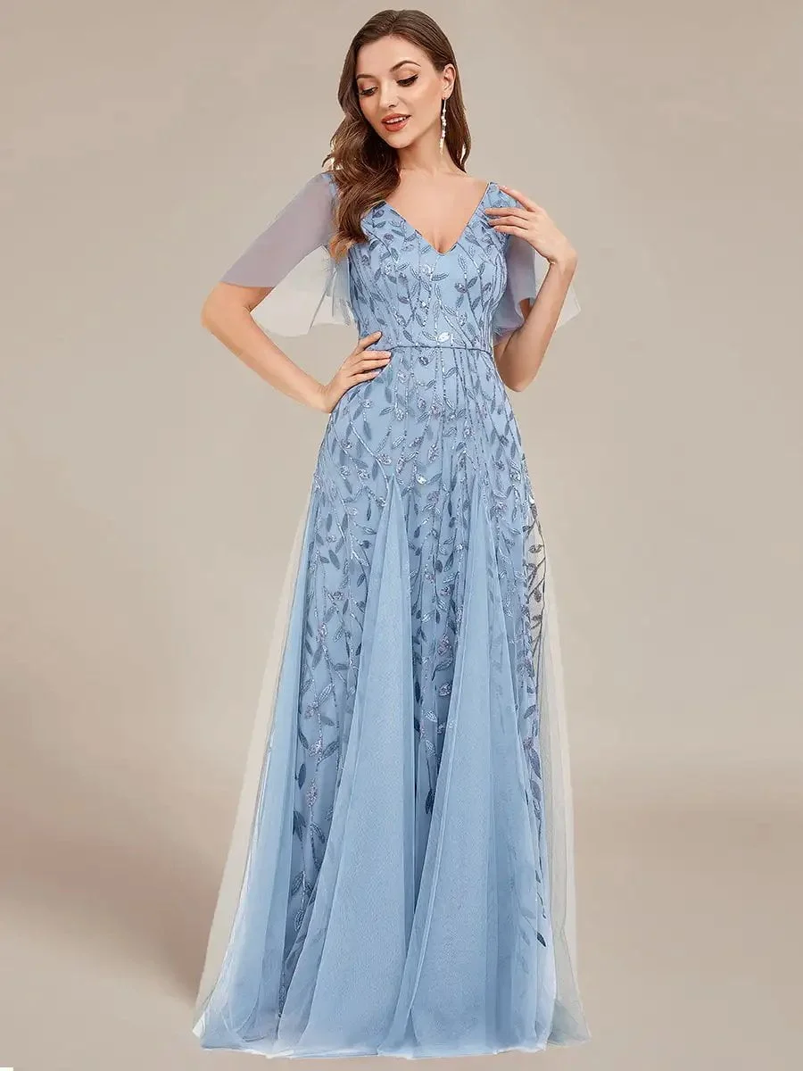 Elegant Evening Dress Deep V-Neck Ruffle Sleeves With Short Sleeves Ever Pretty of 2024 Sky Blue Gauze Sequin Bridesmaid dress - Image 3