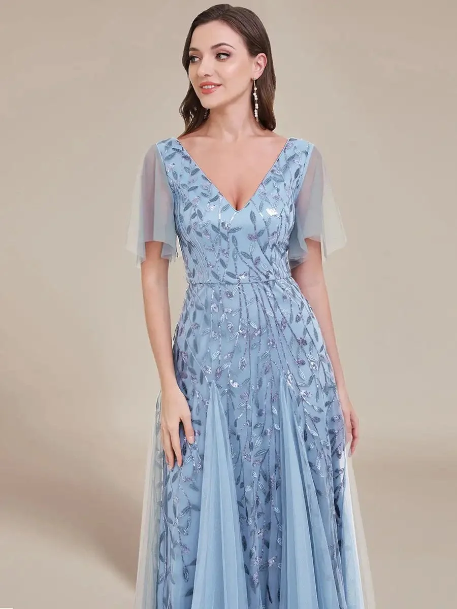 Elegant Evening Dress Deep V-Neck Ruffle Sleeves With Short Sleeves Ever Pretty of 2024 Sky Blue Gauze Sequin Bridesmaid dress - Image 5