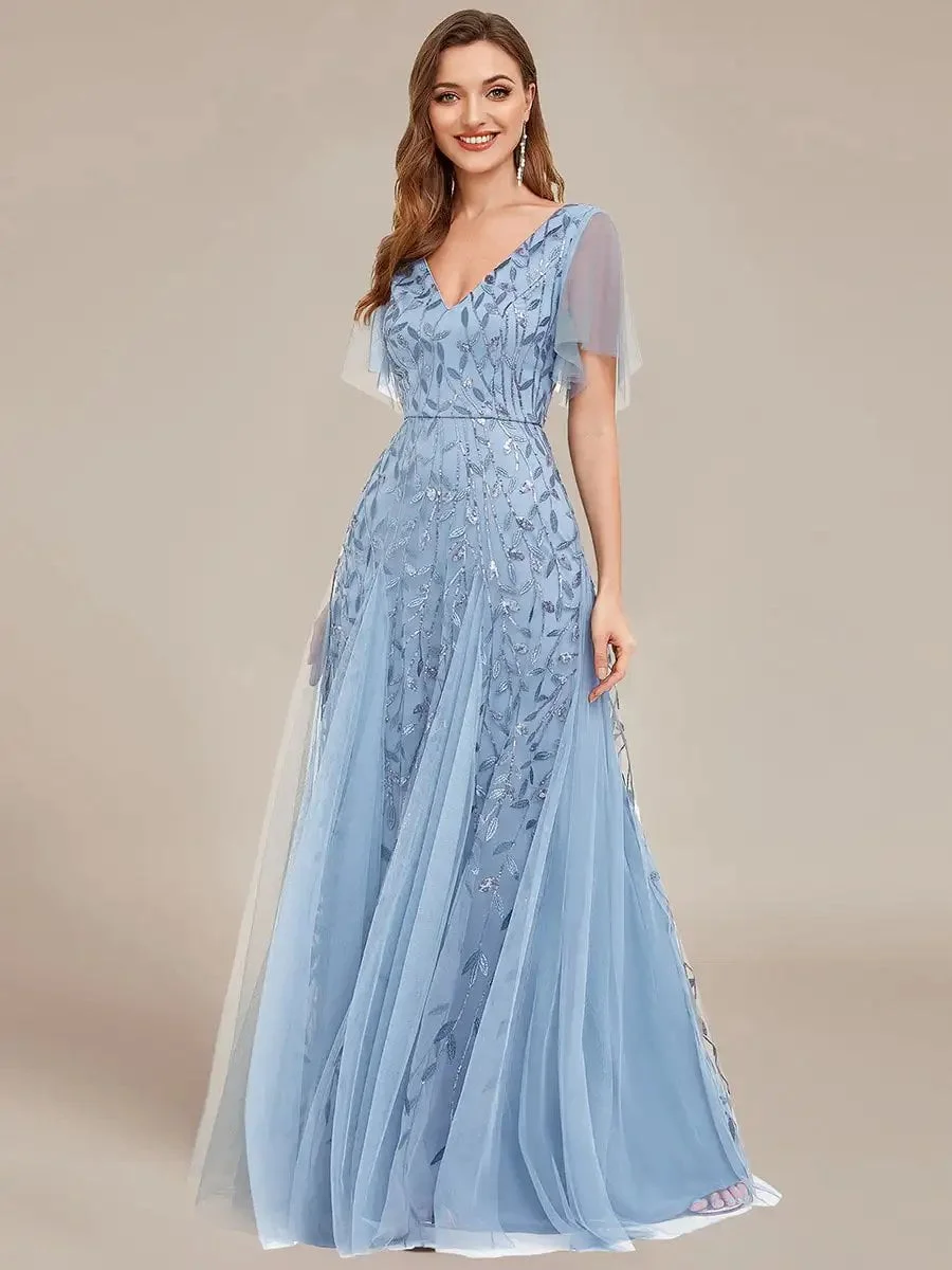 Elegant Evening Dress Deep V-Neck Ruffle Sleeves With Short Sleeves Ever Pretty of 2024 Sky Blue Gauze Sequin Bridesmaid dress