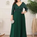 Plus Size Prom Dresses Long Sexy V Neck A-Line Sequin With 3/4 Sleeve 2024 ever pretty of Dark Green Bridesmaid dress Women