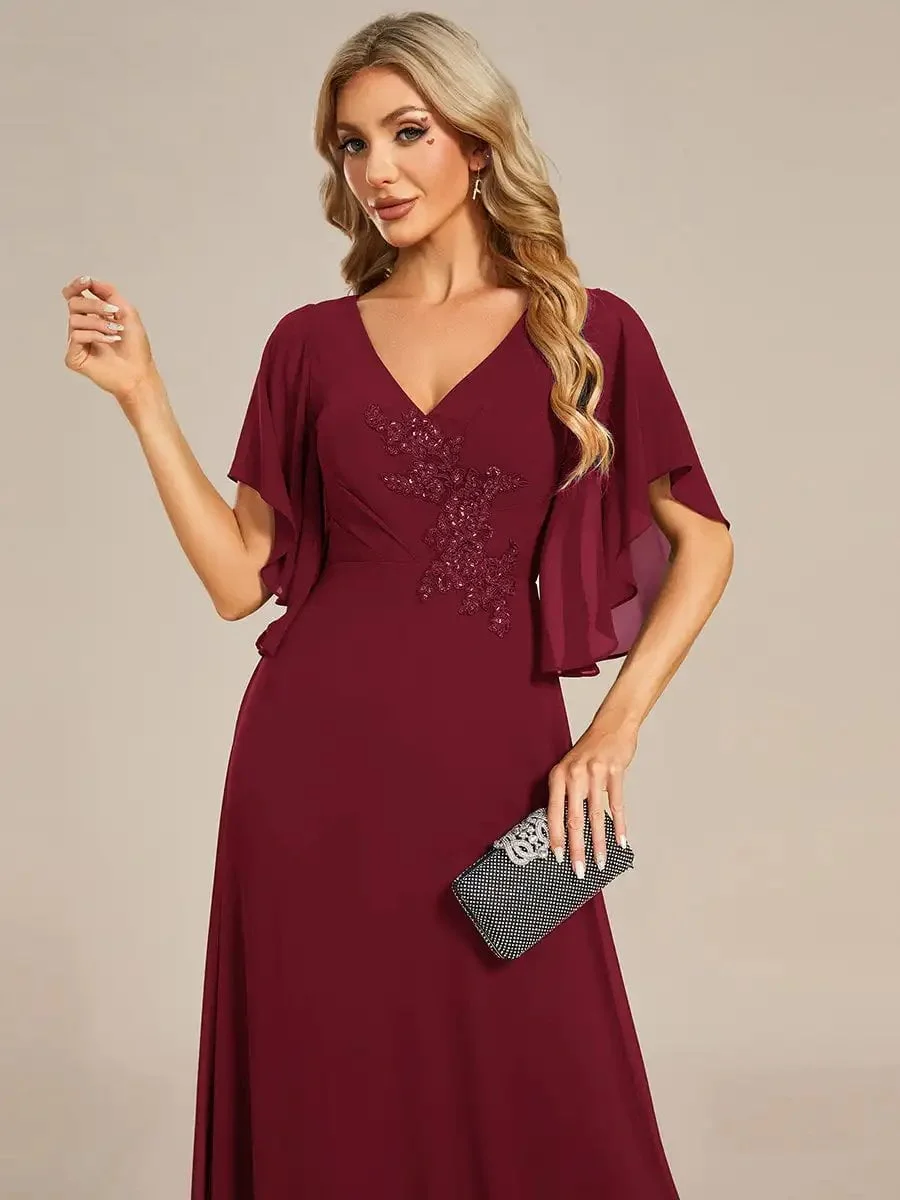 Elegant Evening Dresses Maxi Long Floral Embroidery With Short Sleeves 2024 Ever pretty of Chiffon Burgundy Bridesmaid dress - Image 5